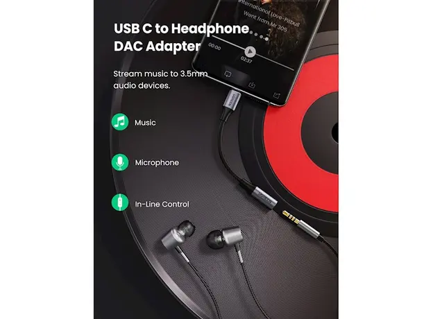 აუდიო ადაპტერი UGREEN USB-C to 3.5mm M/F Cable Aluminum Shell with Braided 10cm (Space Gray), 3 image