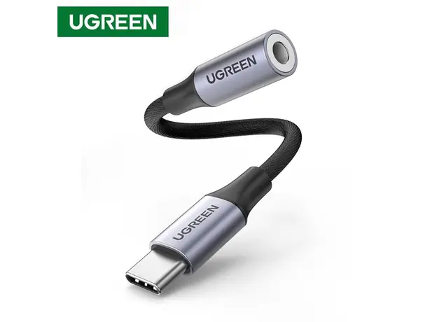 აუდიო ადაპტერი UGREEN USB-C to 3.5mm M/F Cable Aluminum Shell with Braided 10cm (Space Gray)