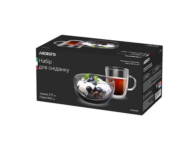ჭიქები Ardesto Breakfast set double wall borosilicate glass mug 270 ml and bowl 500 ml, 3 image