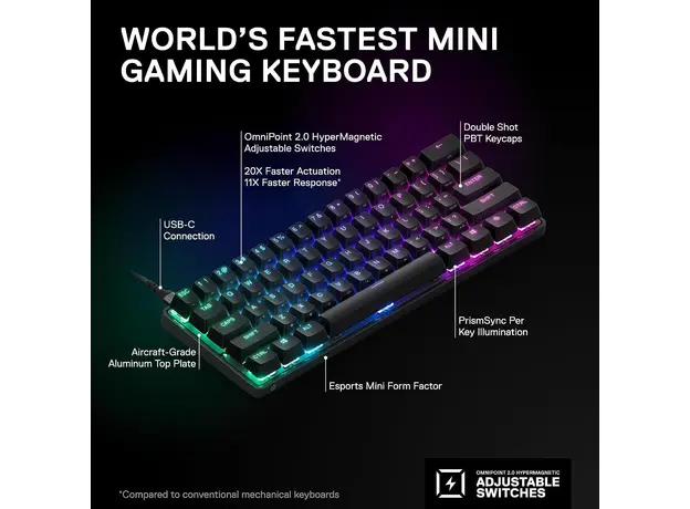 კლავიატურა SteelSeries Keyboard mechanical Apex Pro Mini 61key, HyperMagnetic Switch, USB-A/WL, EN, RGB, black, 5 image