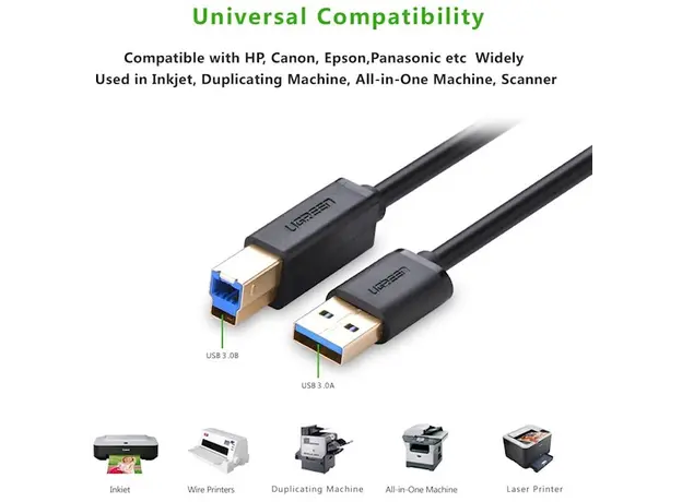 პრინტერის კაბელი UGREEN US210 (10372) USB-B 3.0 Type B to Type A Print Cable 2m (Black), 3 image
