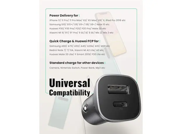მანქანის USB დამტენი UGREEN CD130 (30780) Dual USB Car Charger 18W Type-C, 4 image