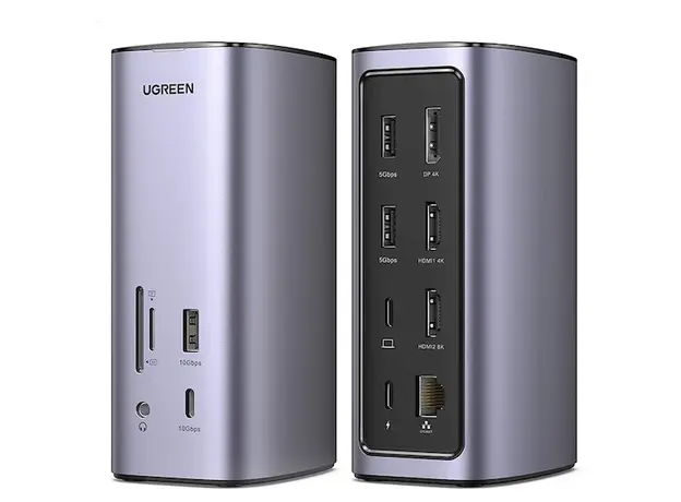 USB-C ჰაბი UGREEN CM555 (90325), Type-C Docking Station, HDMI, USB, Ethernet, SD/TF, 3.5mm, Gray, 2 image