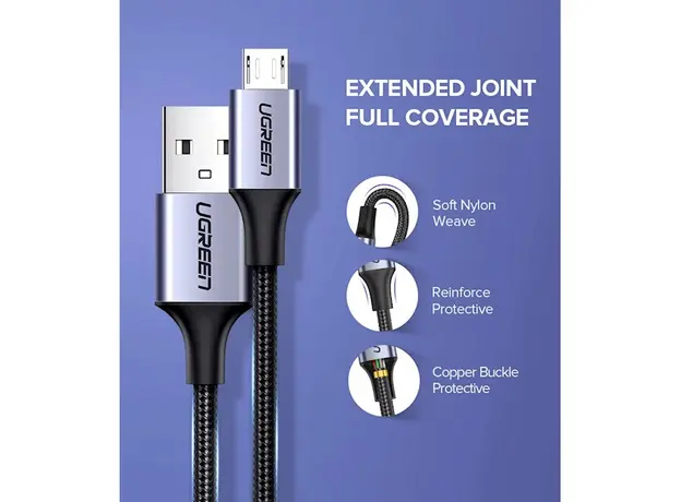 USB კაბელი UGREEN US290 (60147) USB 2.0 A to Micro USB Cable Nickel Plating Aluminum Braid 1.5m (Black), 6 image