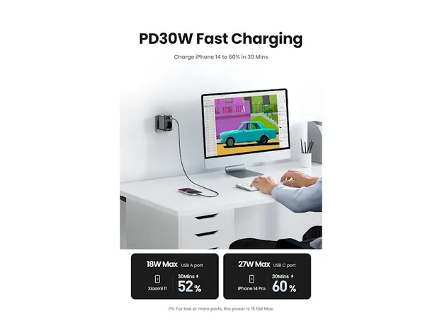 ადაპტერი UGREEN CD314 (90613), 30W, 1 Socket, USB-A, USB-C, Gray, 5 image