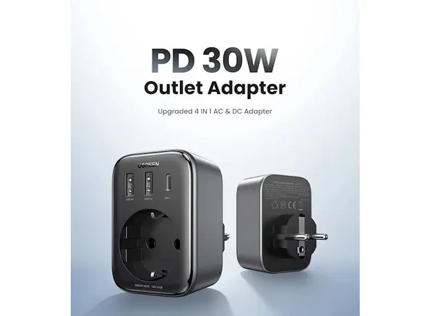 ადაპტერი UGREEN CD314 (90613), 30W, 1 Socket, USB-A, USB-C, Gray, 3 image