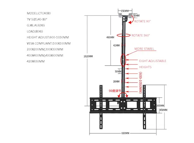 ტელევიზორი საკიდი ჭერზე ALLSCREEN TV Ceiling Mount Bracket CTC4080 TV SIZE: 40"-80", 3 image