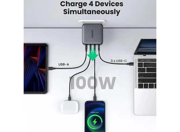 USB-C დამტენი UGREEN CD226 (40747) GaN Fast Charger, 3xUSB-C, USB-A, 100W, Black, 7 image