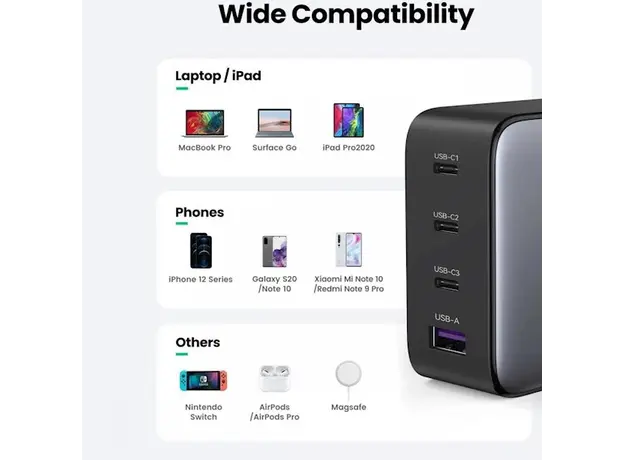 USB-C დამტენი UGREEN CD226 (40747) GaN Fast Charger, 3xUSB-C, USB-A, 100W, Black, 6 image