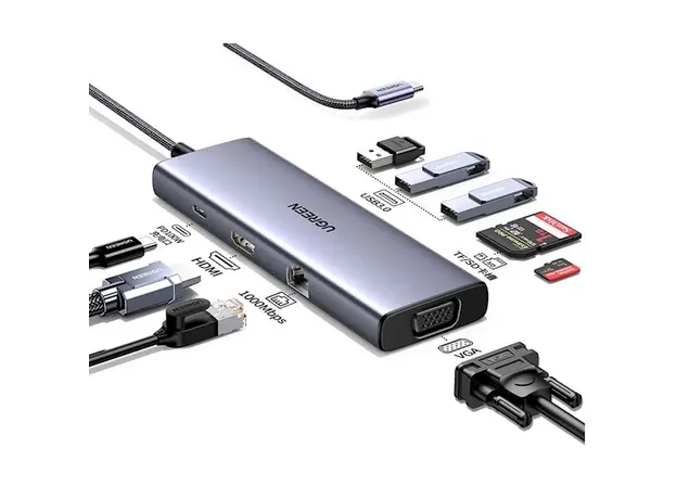 USB ჰაბი UGREEN CM498 (15600), USB-C, USB, HDMI, VGA, RJ45, SD, TF, Hub, Gray