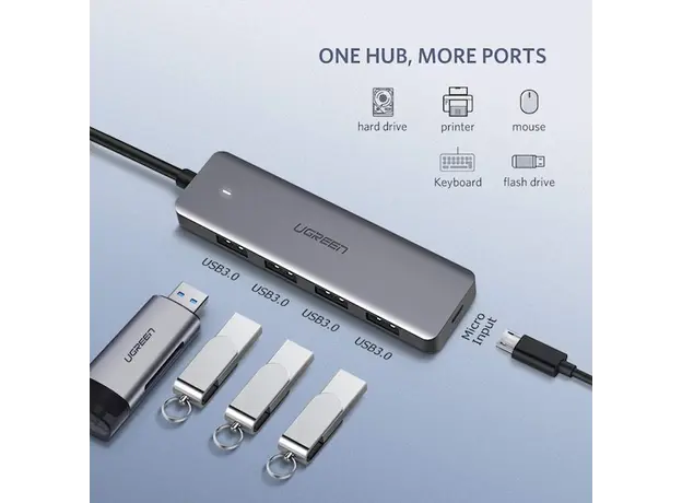 USB ჰაბი UGREEN CM219 (50985) UGREEN USB 3.0 4 Ports USB Hub Gray, 4 image
