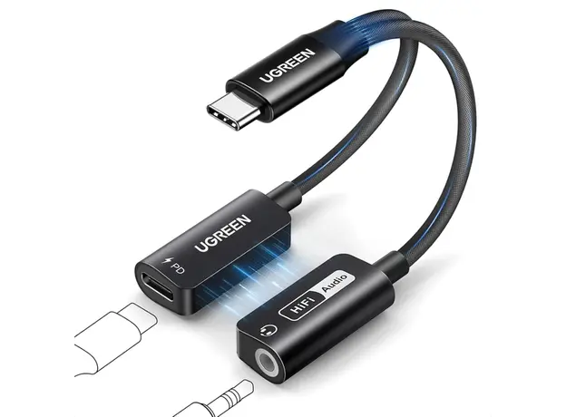 აუდიო ადაპტერი UGREEN CM721 (25837), Type-C to 3.5mm Audio Adapter with Power Delivery, Black, 2 image