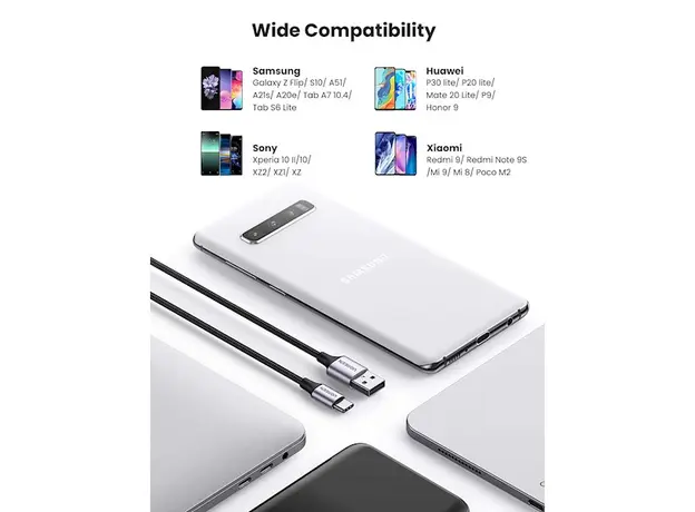 მობილურის USB დამტენი UGREEN 60128 USB 2.0 A to USB-C Cable Nickel Plating Aluminum Braid 2m (Black), 5 image