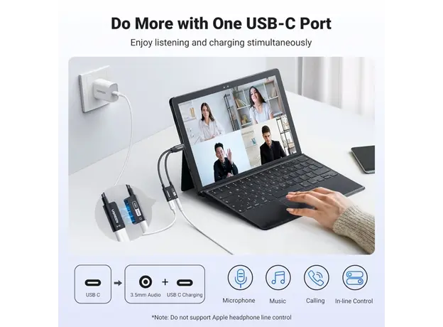 აუდიო ადაპტერი UGREEN CM721 (25837), Type-C to 3.5mm Audio Adapter with Power Delivery, Black, 5 image