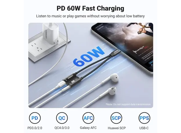 აუდიო ადაპტერი UGREEN CM721 (25837), Type-C to 3.5mm Audio Adapter with Power Delivery, Black, 7 image