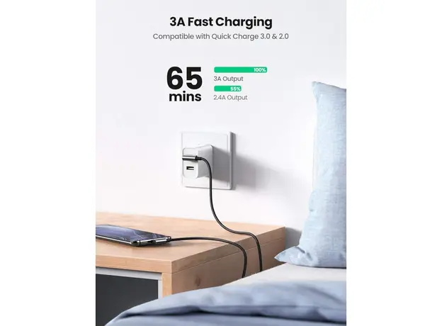 USB კაბელი UGREEN US176 (20855), 18W, USB-A to Type-C 90 Degree, 0.5m, Space Gray, 3 image