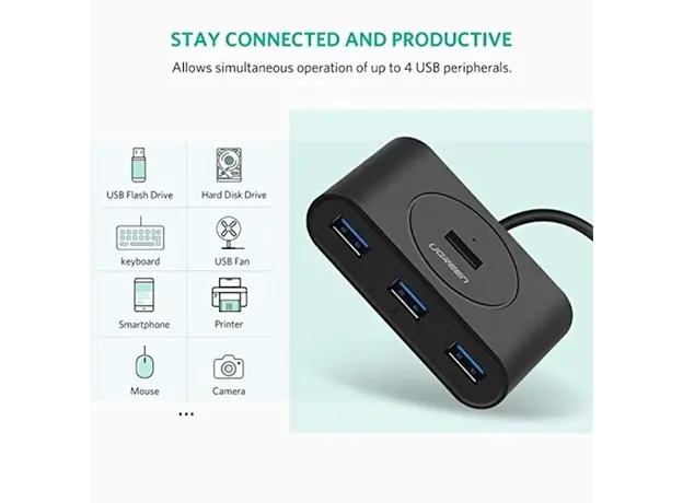 USB ჰაბი UGREEN CR113 (20291) NEW USB 3.0 4 Ports Hub with 2.0 OTG Black 1M, 4 image