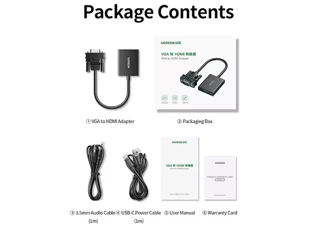 ადაპტერი UGREEN CM513 (50945), VGA To HDMI Adapter With 3.5mm And USB-C, 0.15cm, Black, 6 image