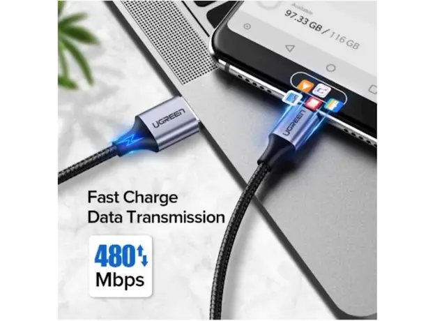 USB კაბელი Ugreen US288 (60126) UGREEN USB 2.0 A to Type C Cable Nickel Plating Aluminum Braid 1m (Black), 5 image