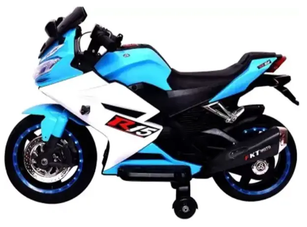 ბავშვის ელექტრო მოტოციკლი R15 კაუჩუკის საბურავებით/ტყავის სავარძლით