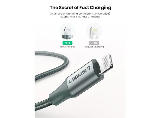 USB კაბელი UGREEN US304 (80564), 87W, MFi, USB-C to Lightning, 1m, Midnight Green, 4 image