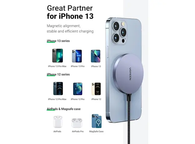 უსადენო დამტენი UGREEN CD245 (30233), MFA MagSafe 15W, Type-C to Magnetic Wireless Charger, Gray, 3 image