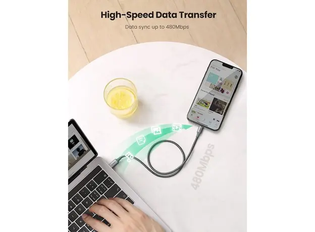 USB კაბელი UGREEN US304 (80564), 87W, MFi, USB-C to Lightning, 1m, Midnight Green, 5 image