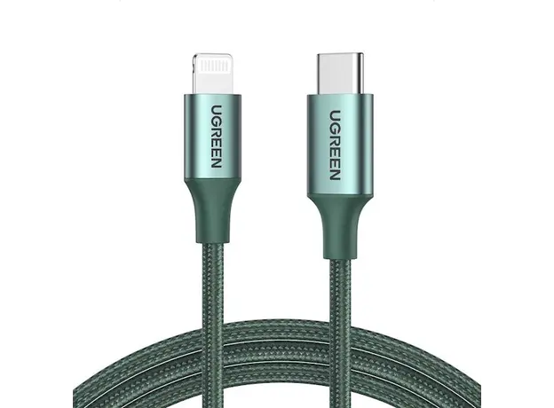 USB კაბელი UGREEN US304 (80564), 87W, MFi, USB-C to Lightning, 1m, Midnight Green, 2 image