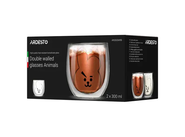 ყავის ჭიქა Ardesto Double wall borosilicate glass mug set Animals, 300 ml, 2 pcs, 3 image