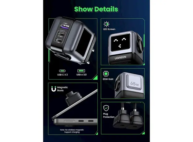 მობილურის დამტენი UGREEN 25685B Nexode RG, 65W, USB, USB Type-C, Black/Grey, 5 image