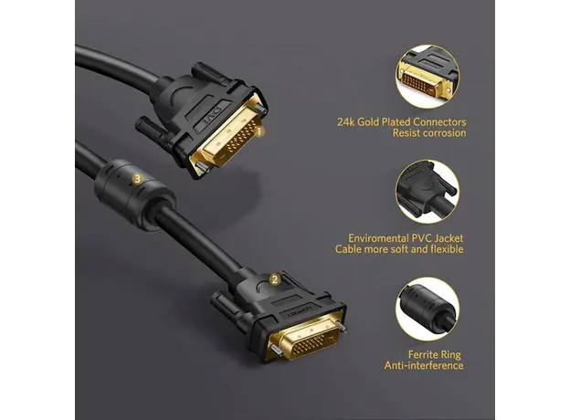 DVI კაბელი UGREEN DV101 (11607), DVI 24+1 Male To Male, 3m, Black, 3 image