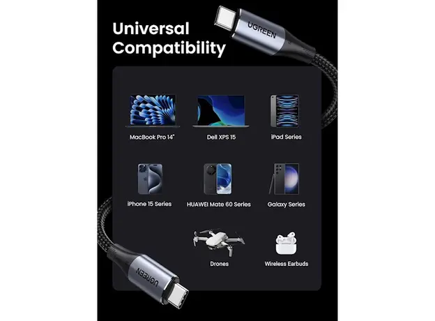 ვიდეო კაბელი UGREEN US355 (80150), 4K Video Cable , 100W Type-c To Type-c USB C To USB C 3.2 Gen 2 Cable, 1m, Black, 5 image