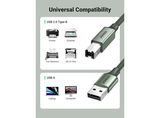 პრინტერის კაბელი UGREEN 90817, USB-A To USB-B, Printer Cable, 3m, Green, 3 image