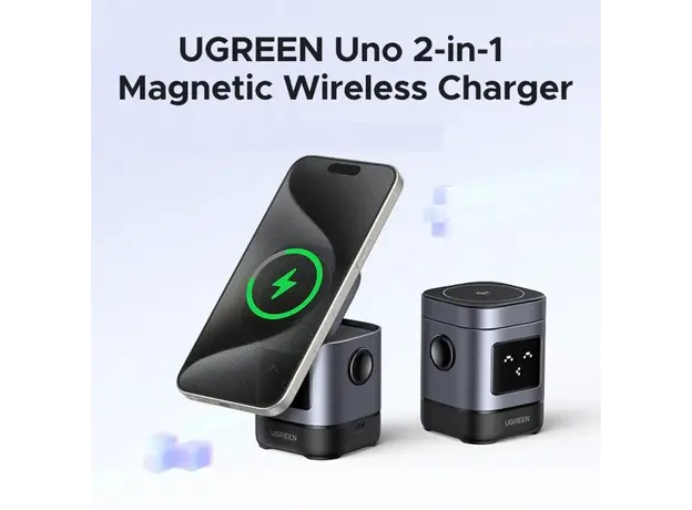 უსადენო დამტენი UGREEN Uno W709 (45775) Qi2, 15W, 2-in-1 Magnetic Wireless Charger, Black/Grey, 3 image