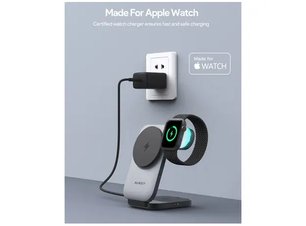 უსადენო დამტენი Aukey 3 in-1 15W LC-MC312 MagFusion Z Qi2 Foldable Wireless Charging Station - Gray, 5 image