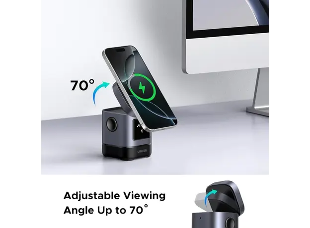 უსადენო დამტენი UGREEN Uno W709 (45775) Qi2, 15W, 2-in-1 Magnetic Wireless Charger, Black/Grey, 5 image