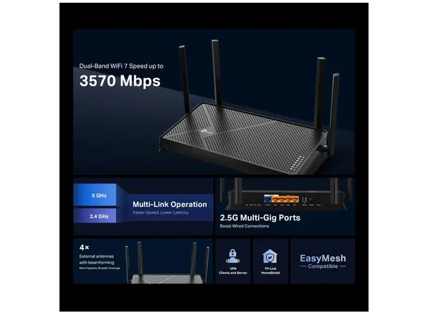 Wi-Fi როუტერი TP-Link Archer BE3600 Dual-Band Wi-Fi 7 Router, 5 image