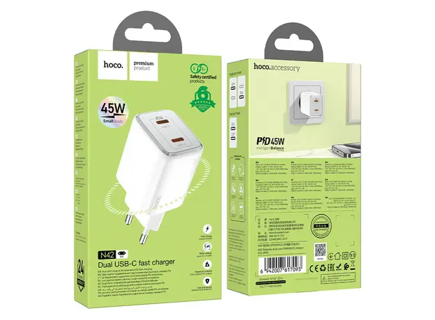 ადაპტერი Hoco N42 Elogiado dual-port PD45W (2C) charger white, 5 image