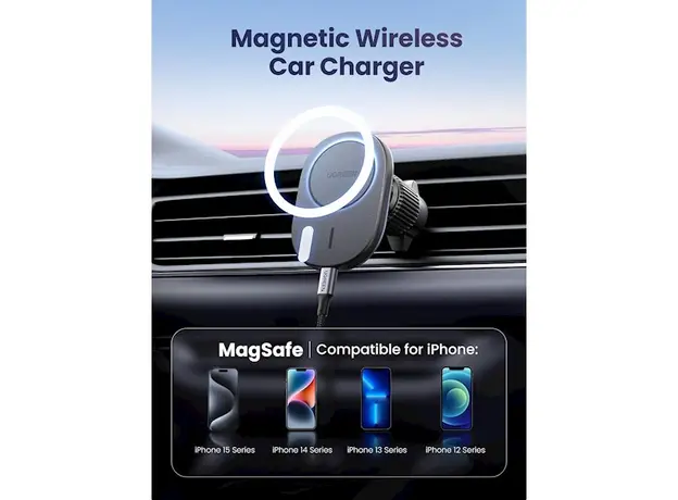 უსადენო დამტენი UGREEN CD345 (15120), 15W, Magnetic Car Wireless Charger MagSafe, Black, 6 image