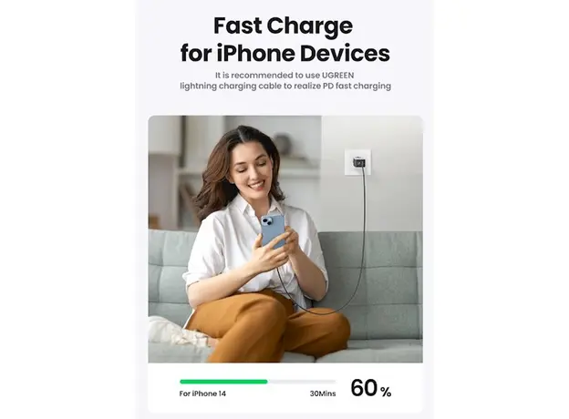 მობილურის დამტენი UGREEN 25871 Nexode Pro, 65W, USB, Type-C, Gray + Type-c Cable 1,5M, 6 image