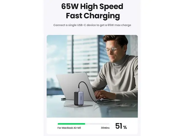 მობილურის დამტენი UGREEN 25871 Nexode Pro, 65W, USB, Type-C, Gray + Type-c Cable 1,5M, 7 image