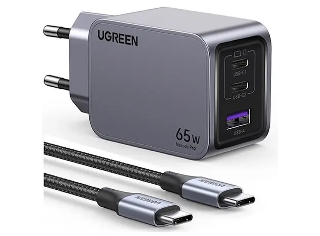 მობილურის დამტენი UGREEN 25871 Nexode Pro, 65W, USB, Type-C, Gray + Type-c Cable 1,5M, 2 image