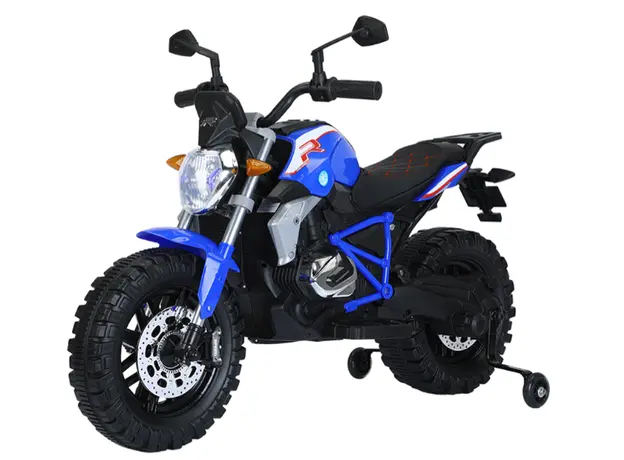 ბავშვის ელექტრო მოტოციკლი 608BLU ტყავის სავარძლითა და კაუჩუკის საბურავებით