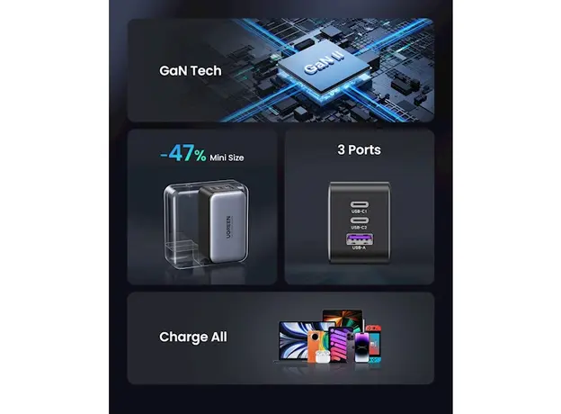 მობილურის დამტენი UGREEN 25871 Nexode Pro, 65W, USB, Type-C, Gray + Type-c Cable 1,5M, 4 image