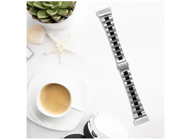 სმარტ საათის სამაჯური For Samsung Galaxy Watch Stainless Steel 3-Bead Watch Strap 20mm Replace Band - Silver+Black, 4 image