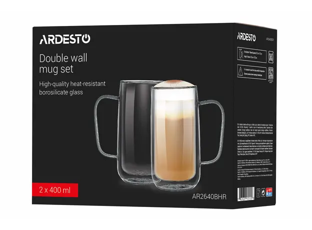 ჭიქების ნაკრები Ardesto Doublewall mug set with handles, 400ml, 2pcs, borosilicate glass, transparent, 7 image
