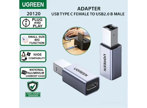 USB ადაპტერი UGREEN US382 (20120), USB-B To USB-C, Adapter, Grey, 4 image