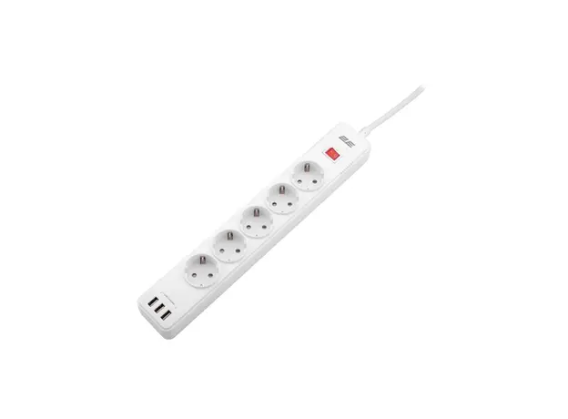 დენის გამანაწილებელი 2Е 2E-SP515M2USBWH, 5 Socket, 3xUSB-A, 2m, Power Strip With Surge Protector, White, 3 image
