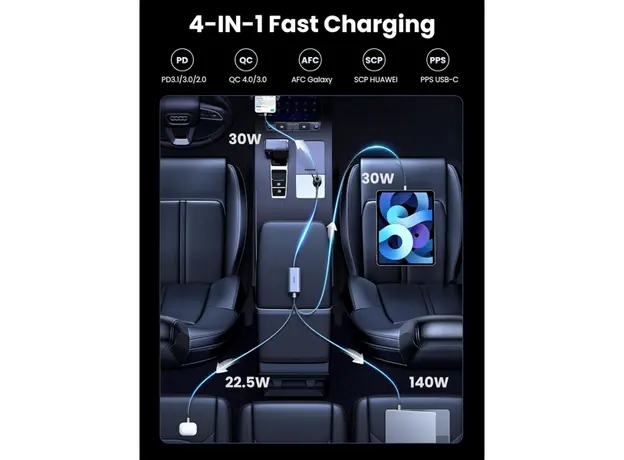მანქანის დამტენი UGREEN EC706 (35571), 150W, Type-C, USB, Car Charger, Grey, 6 image