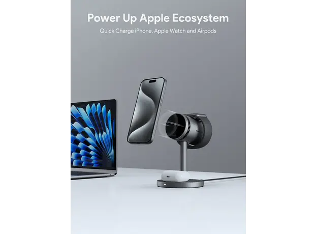 უსადენო დამტენი Aukey 3 in-1 15W LC-MC311A MagFusion Pro Qi2 Active Cooling Wireless Charging Station Gray, 3 image